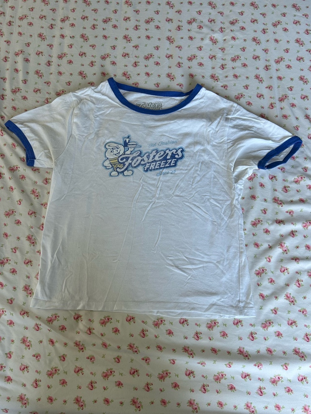 Oster White Ringer Tee with Blue Trim and Logo